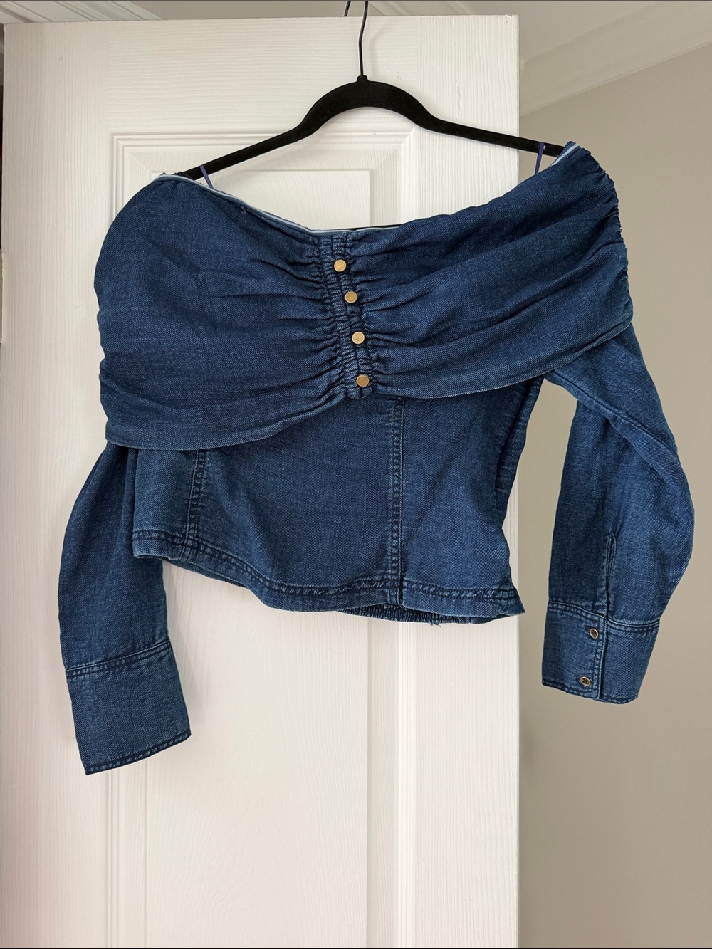 Pilcro Indigo Off-Shoulder Denim Crop Top with Gold Buttons